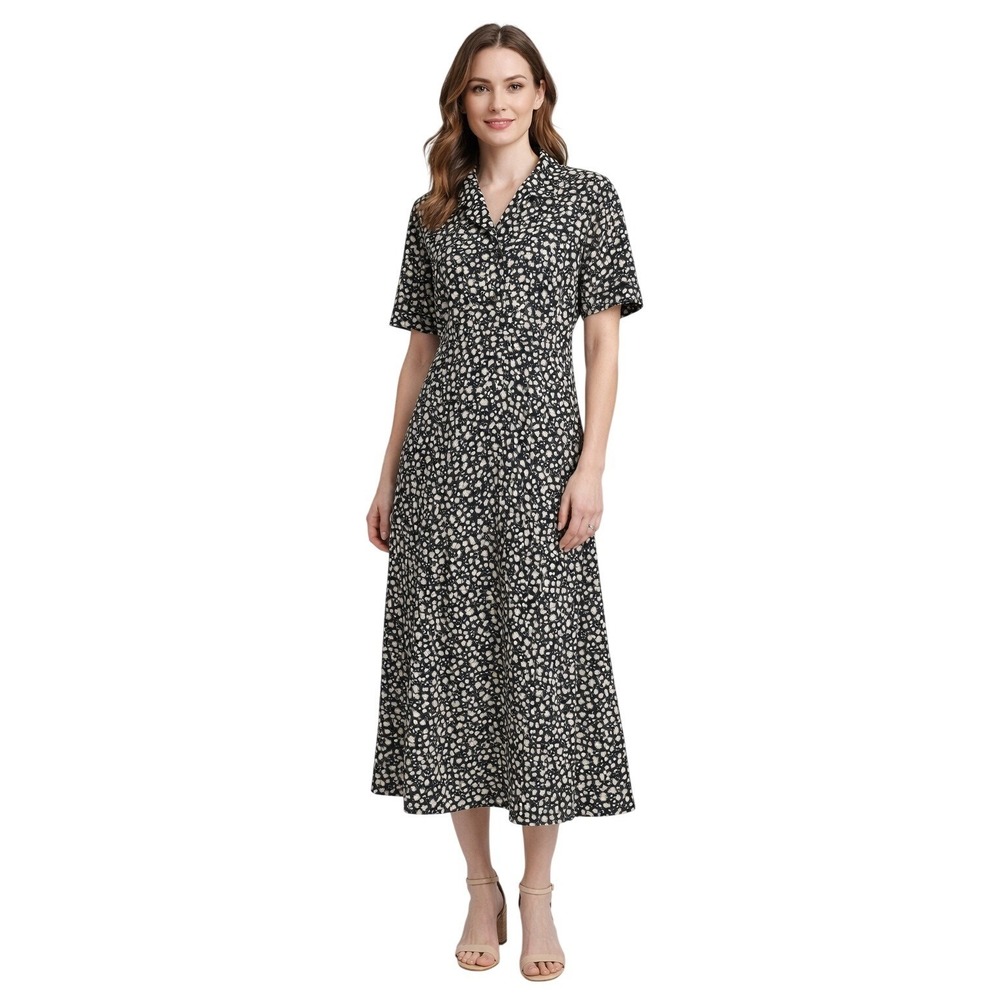 Leslie Fay Vintage Floral Midi Dress Navy Blue‎ Cream Short Sleeve Size 12